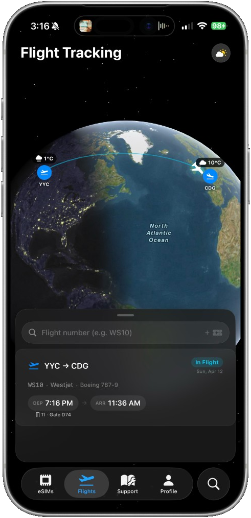 AeroSIM Flight Tracking — live flight path from YYC to CDG