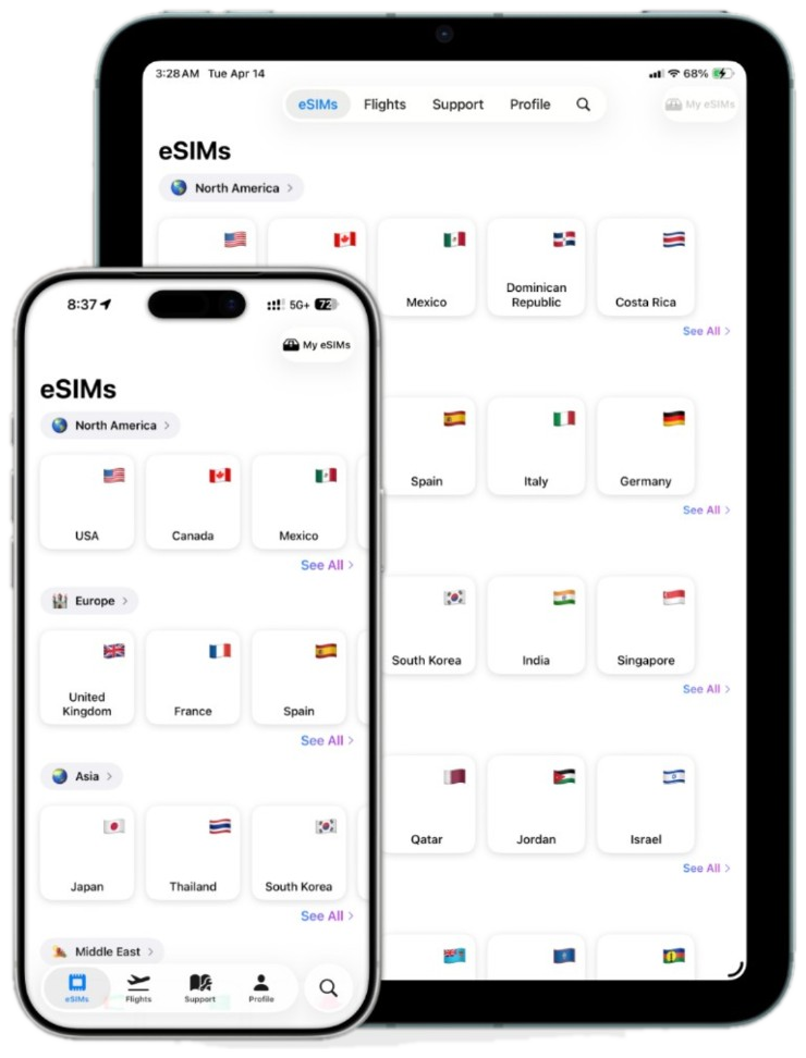 AeroSIM app on iPad and iPhone showing the eSIM marketplace with global coverage