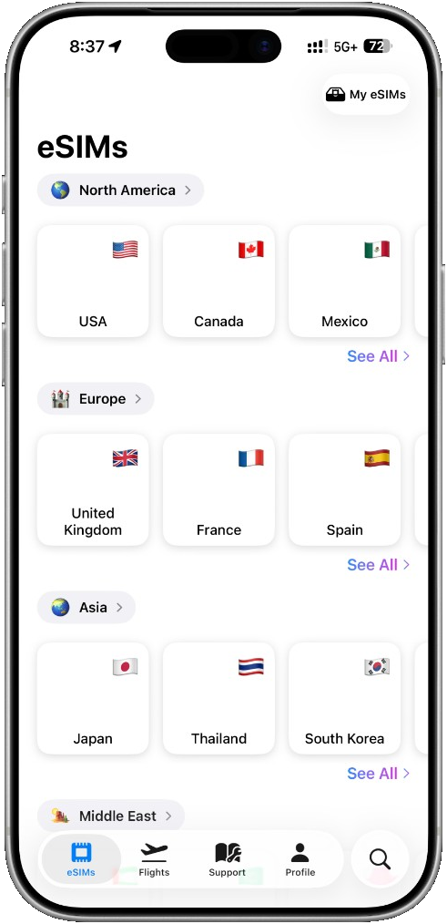 AeroSIM app showing eSIM marketplace with 190+ countries